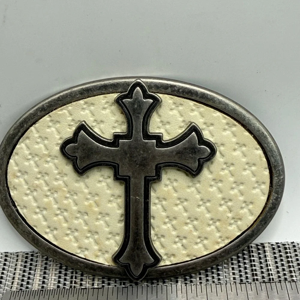 Vintage Style‎ Cross Belt Buckle Oval Silver Tone Metal Cream Faux Leather Inlay